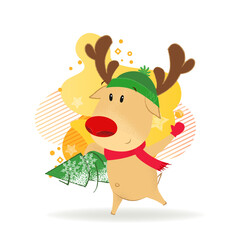 Happy reindeer carrying fir-tree. Christmas design element. For greeting cards, leaflets, brochures, invitations, posters or banners.