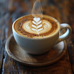 The cup should be filled with freshly brewed coffee, featuring intricate latte art on the surface, such as a leaf or heart design.