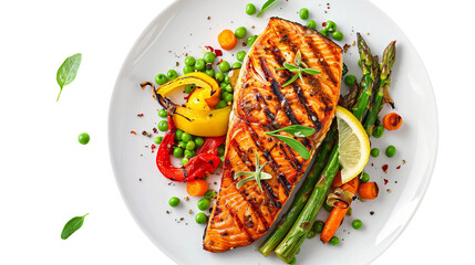 Grilled salmon with asparagus, pea, yellow peppers, carrots, and spring onions on a transparent background. This vibrant, nutritious meal features fresh vegetables and protein-rich seafood.