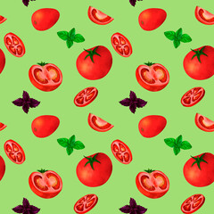 Red tomato and basil, watercolor seamless pattern, on green background. For prints on textile and paper, clothes, plates and dishes design, decoration for kitchen, restaurant menus, recipes, cookbook