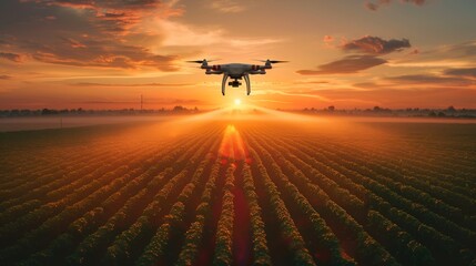 Agriculture Drone Spraying Crops in Field At Sunset. Precision Farming Technology. Generative AI.
