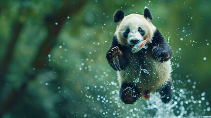 A cute giant panda playing in the water jumps and bites fish.