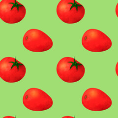 Red tomato, watercolor seamless pattern, on black background. For prints on textile and paper, clothes, plates and dishes design, decoration for kitchen, restaurant menus, recipes, cookbook