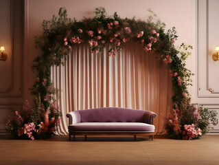 wedding stage decoration with flower, Luxury Wedding Arch with floral decorations, white backdrop with decorative flowers