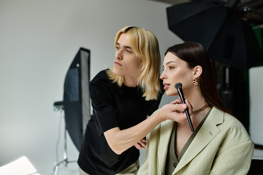 Professional makeup artist enhancing womans beauty with precision and artistry. - Powered by Adobe