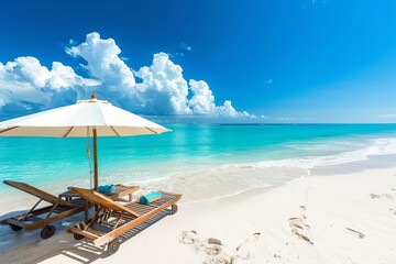 idyllic tropical beach with chairs and umbrellas turquoise sea and blue sky