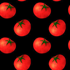Red tomato, watercolor seamless pattern, on black background. For prints on textile and paper, clothes, plates and dishes design, decoration for kitchen, restaurant menus, recipes, cookbook