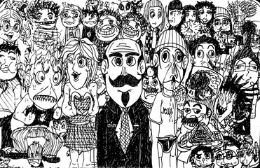 Fototapeta premium Hand drawing doodle of multi caricature characters in one frame.