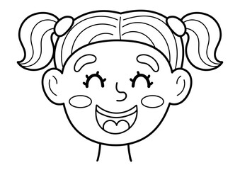 Happy girl face in black and white. Little kid smiling clipart in outline. Excited emotion. Emotional expression head close-up. Vector illustration