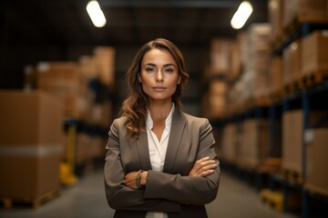 Portrait of businesswoman standing in warehouse with arms crossed. Young confident business woman