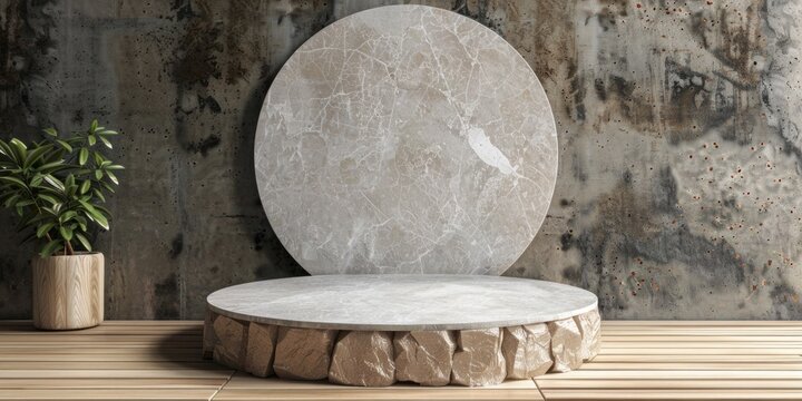 Kitchen background podium product display wall table empty 3d pedestal platform. Podium stand studio tile wood room background