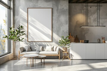 Fototapeta premium Poster mockup in scandinavian kitchen interior created with generative ai