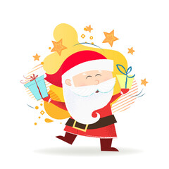 Dancing Santa postcard design. Santa dancing and holding gift boxes on purple aquarelle background. Can be used for topics like Christmas, holiday, festival, cartoon