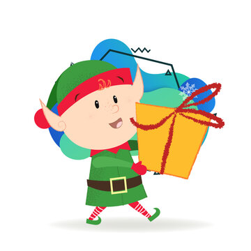 Christmas elf poster element design. Illustration of elf in green costume holding gift box and walking. Christmas, fairy tales, cartoon character. Can be used for postcards, posters, greeting cards