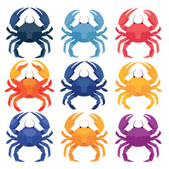 Collection colorful crabs various hues, marine life theme, digital illustration. Artistic renderings crabs, suitable educational materials, biology. Sea creatures stylized format, ocean fauna