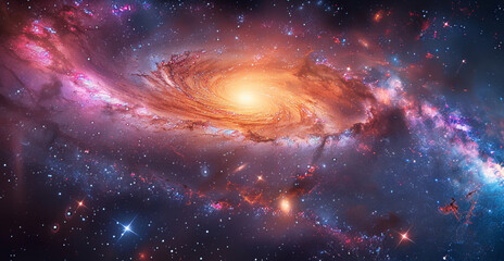 A majestic spiral galaxy ablaze with vibrant colors, its arms swirling outwards against a backdrop...