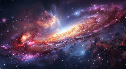 A majestic spiral galaxy ablaze with vibrant colors, its arms swirling outwards against a backdrop of deep space. Nebulae in shades of pink, blue, and purple shimmer between the stars. Generative AI.