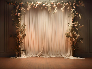 wedding stage decoration with flower, Luxury Wedding Arch with floral decorations, white backdrop with decorative flowers