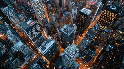 Fototapeta premium Aerial view of a modern city skyline with tall skyscrapers illuminated at night