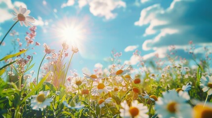 Landscape of beautiful scenery of flowers blooming on the meadow in spring season with sunlight and blue sky background.