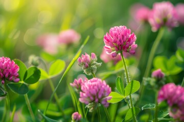 Fototapeta premium Pink clover flowers bloom in a sunny meadow, bathed in warm sunlight