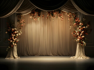 wedding stage decoration with flower, Luxury Wedding Arch with floral decorations, white backdrop with decorative flowers