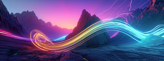 Surreal landscape: rocky mountains and neon curvy colorful lines in motion. Flowing energy concept. Glowing trajectory path data flow concept