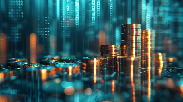Stack of silver coins with binary code in background.