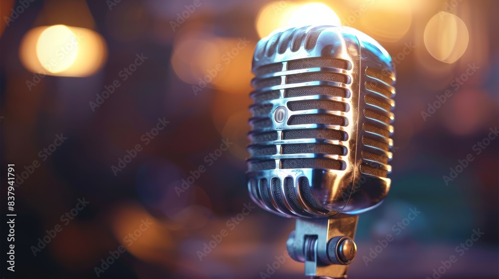 Poster A broadcasting microphone used in radio shows or voice over recordings. Generative AI.