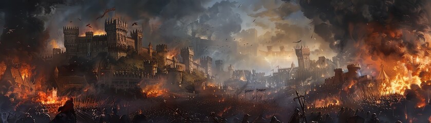 Fototapeta premium High-angle view of a medieval castle siege, detailed oil painting style, vivid colors, dramatic sky, knights in armor clashing, roaring fires, billowing smoke