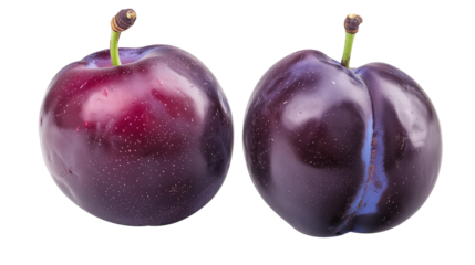 Two fresh dark purple plums isolated on transparent background
