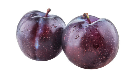Obraz premium Two fresh dark purple plums isolated on transparent background