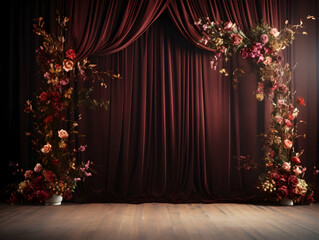 wedding stage decoration with flower, Luxury Wedding Arch with floral decorations, white backdrop with decorative flowers