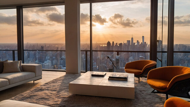 beautiful penthouse with orange furniture , beautiful view, sunset view, clam, peace, meditation, ai generated