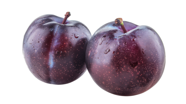 Two fresh dark purple plums isolated on transparent background