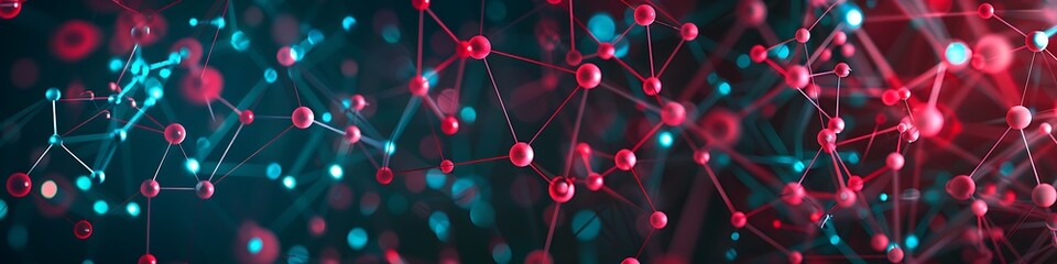 Modern technology background showcasing red and cyan dots connected in an intricate plexus network
