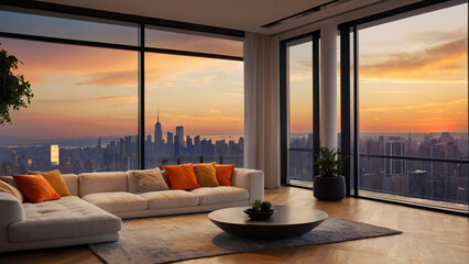 beautiful penthouse with orange furniture , beautiful view, sunset view, clam, peace, meditation, ai generated