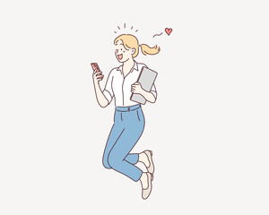 business woman using smartphone. cheerful positive girl jumping in the air. Hand drawn style vector design illustrations.