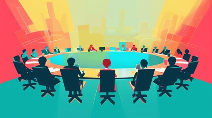 A group of people are sitting around a table having a meeting.