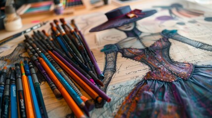 Obraz premium Artistic drawing with colored pencils depicting a stylish woman in a hat and Victorian dress. Creative art studio environment.