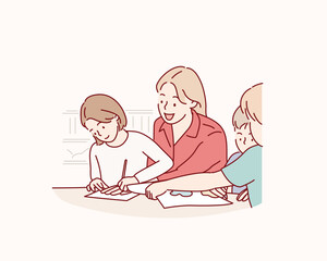 Little children with kindergarten teacher drawing at table indoors. Learning and playing. Hand drawn style vector design illustrations.