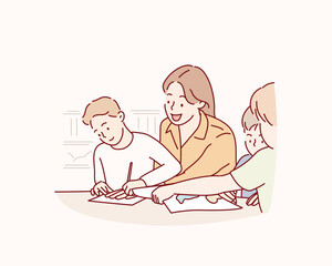 Little children with kindergarten teacher drawing at table indoors. Learning and playing. Hand drawn style vector design illustrations.