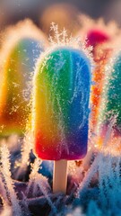 Macro Photo of Colorful Ice Pop with Sparkling Frost Crystals