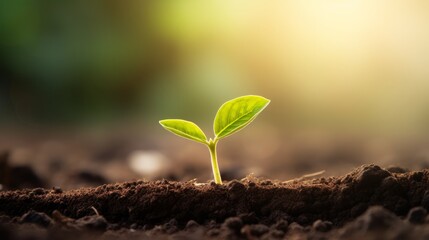 Little green sprouts appeared from the ground on a sunny spring day. Closeup of growing little green sprout appearing from the ground