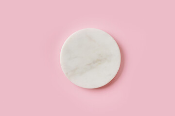White marble round platform, podium, mock up on pink background
