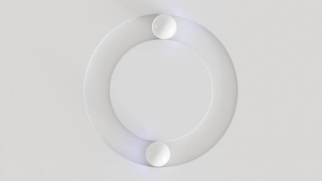 White geometry background, dynamic of ball rolling around circle, 3d render looping animation