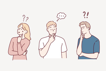 Confused men and women in doubts and thoughts. Hand drawn style vector design illustrations.