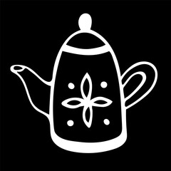 A cute hand-drawn teapot, a white-on-black teapot symbol, a teakettle doodle icon