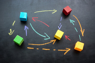 Social business connections. Cubes and arrows between them as a concept of Networking communication.