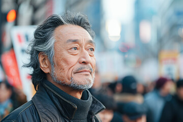 Fototapeta premium Elderly Asian man at protest political rally, activist holding sign in city streets, shouting for freedom and equality